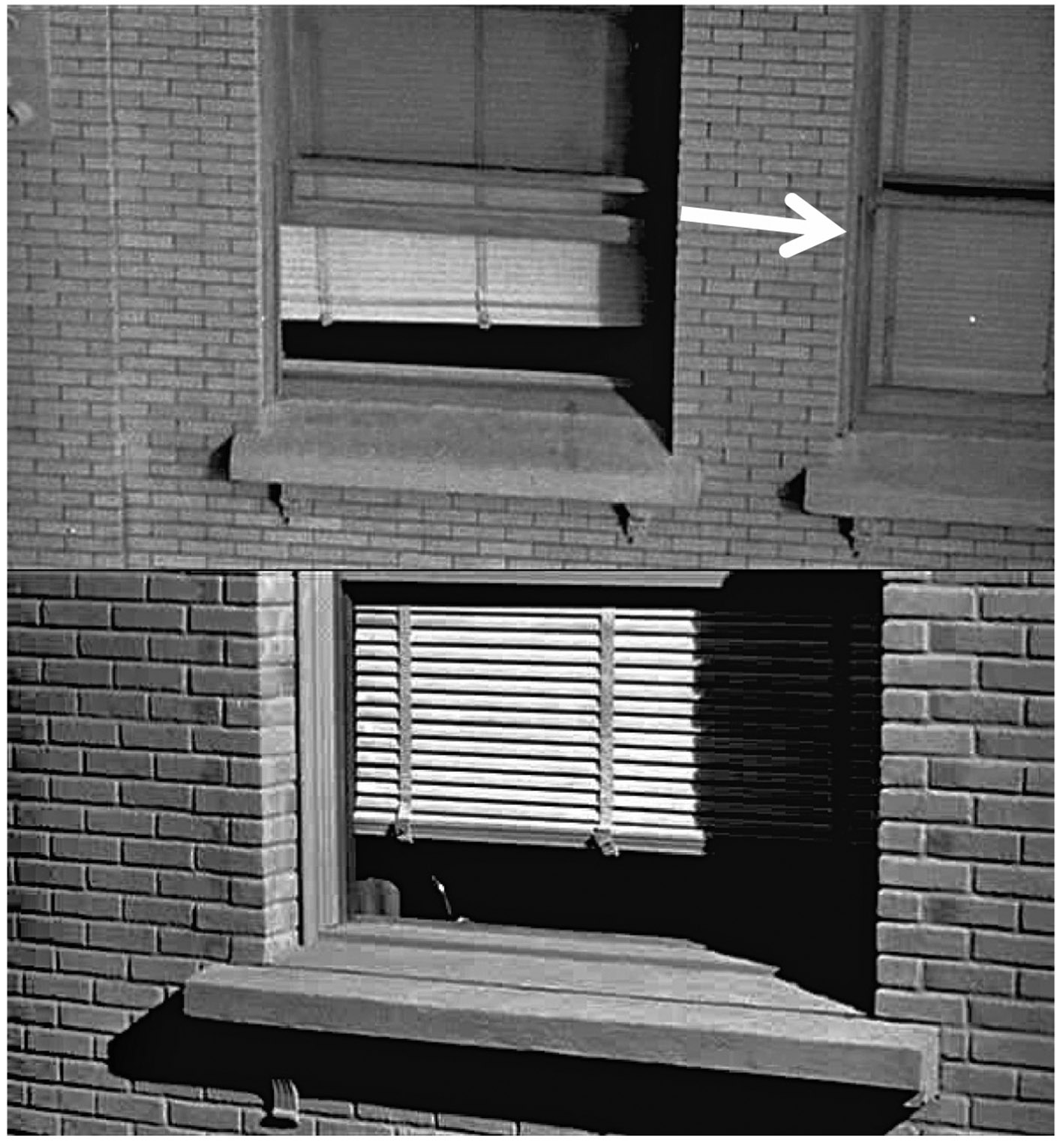 5. ábra: Ugró vágás a Psycho kezdő jelenétében. Ahogy a fenti képen mutatott beállításról az alsóra vágunk, olyan, mintha az ablak ugrana és el is fordulna egy kicsit, ahogyan a nyíl mutatja