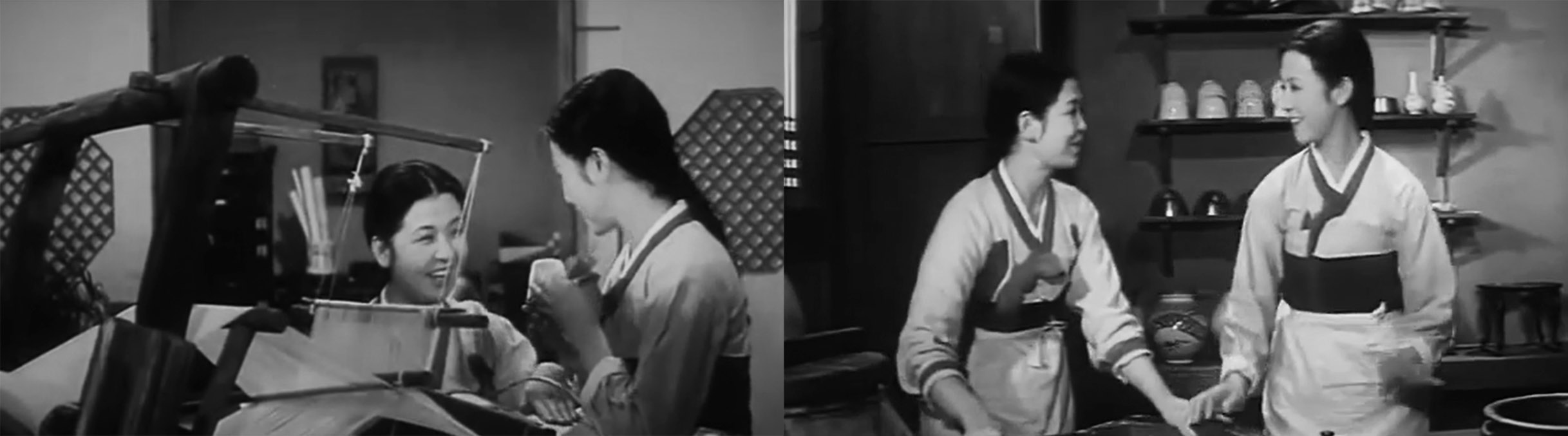 A vidám munkásnő: Csunhjang (mindkét képen a jobb oldalon) szövőszéknél és konyhában dolgozó munkásnőként – //Legenda Szilvavirágról I-II.: Csunhjang legendája// (1980)